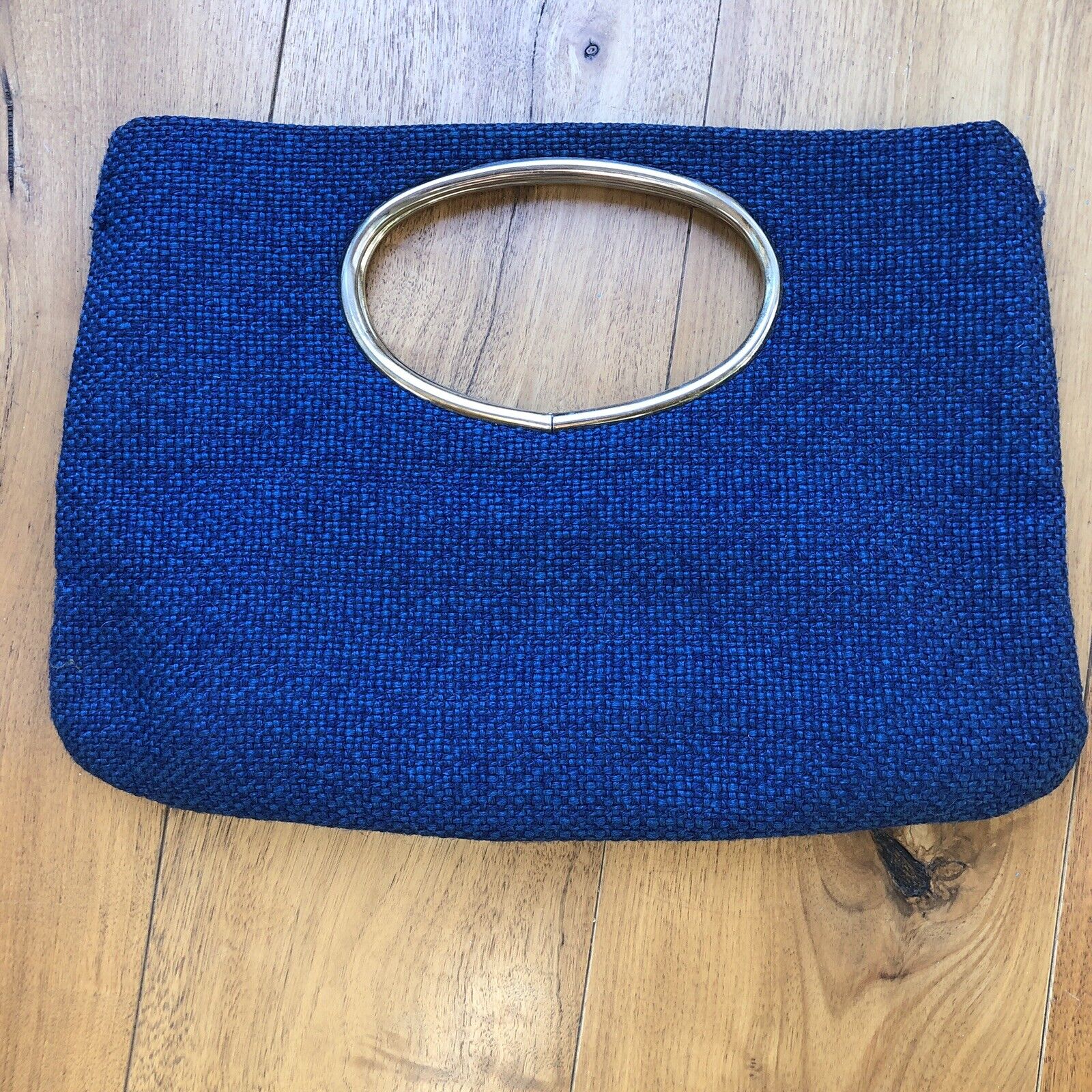 Vintage Circle Handle Handbag / Purse Blue Tweed